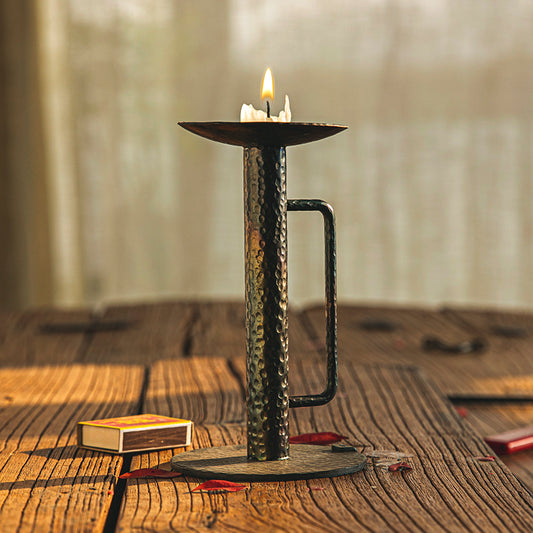 Hand Forged Iron Handheld Texture Tabletop Candle Holder