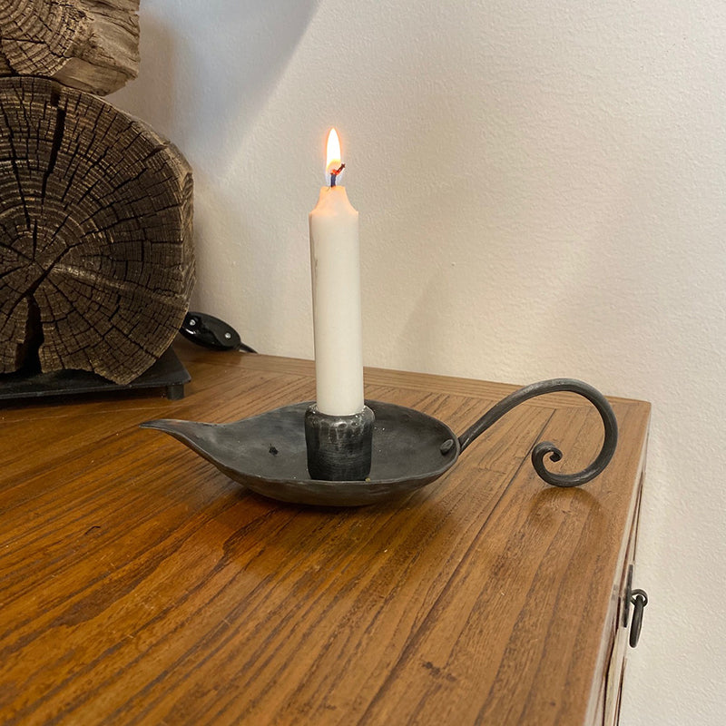 Hand Forged Iron Leaf Bowl Tabletop Candlestick With Handle