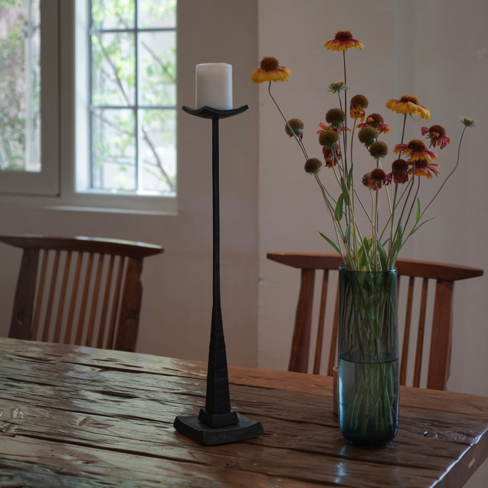 Hand Forged Iron Tall Tabletop Or Floor Candle Holder
