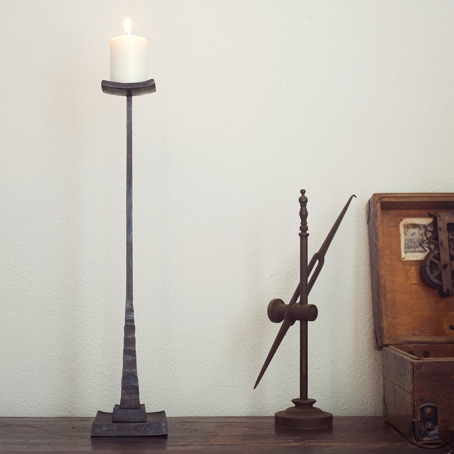 Hand Forged Iron Tall Tabletop Or Floor Candle Holder