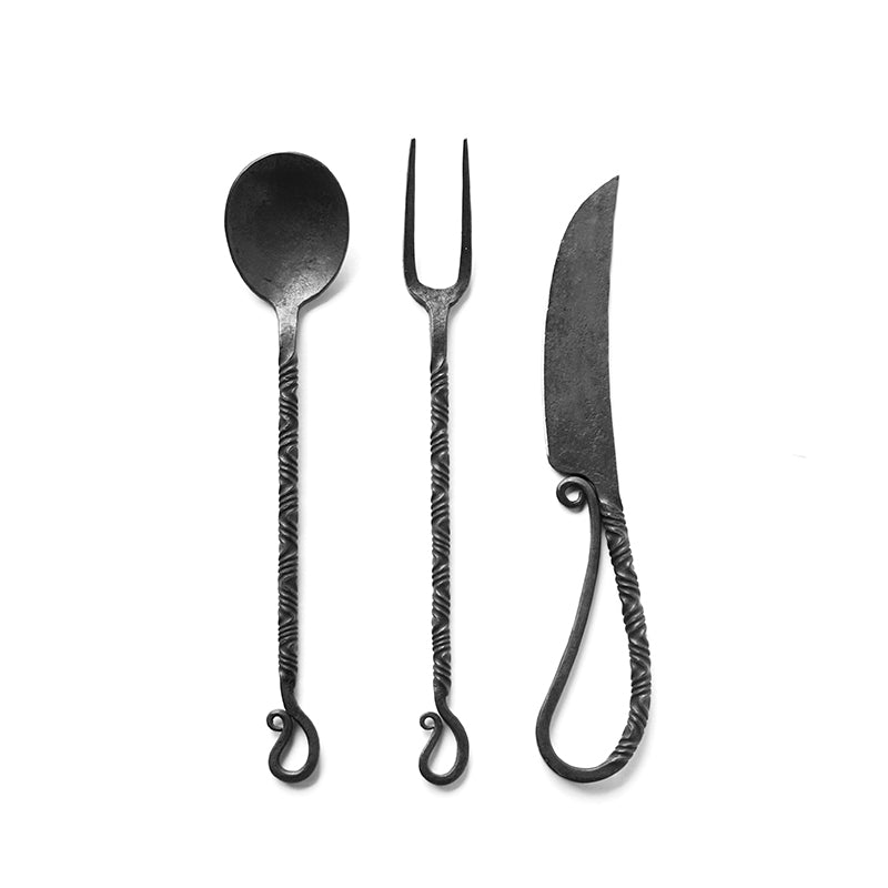 Hand Forged Medieval Cutlery Set - Iron Knife, Fork and Spoon