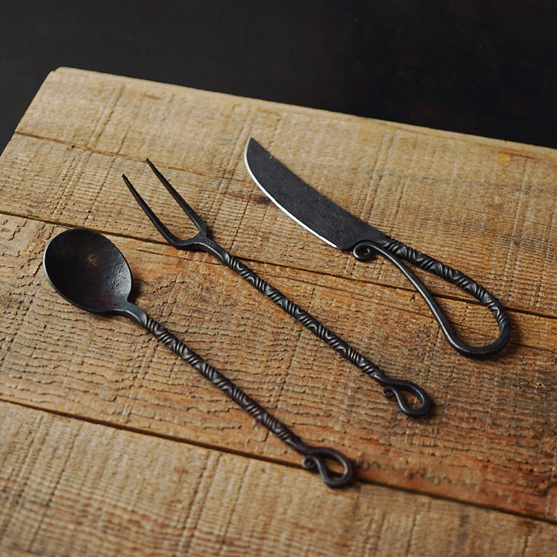 Hand Forged Medieval Cutlery Set - Iron Knife, Fork and Spoon
