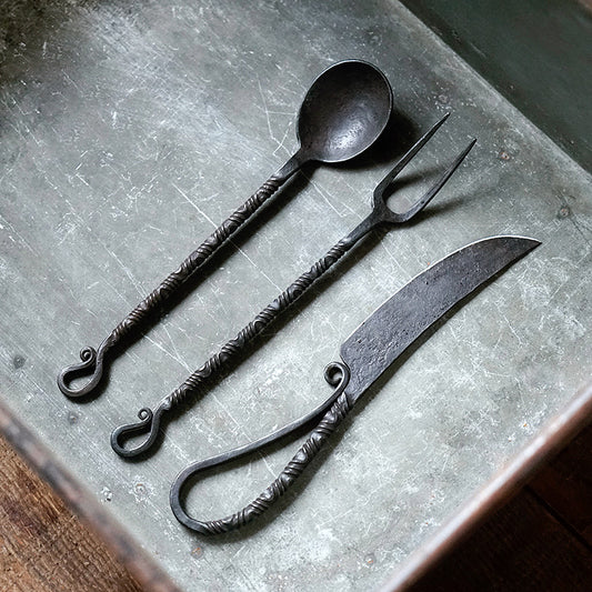 Hand Forged Medieval Cutlery Set - Iron Knife, Fork and Spoon