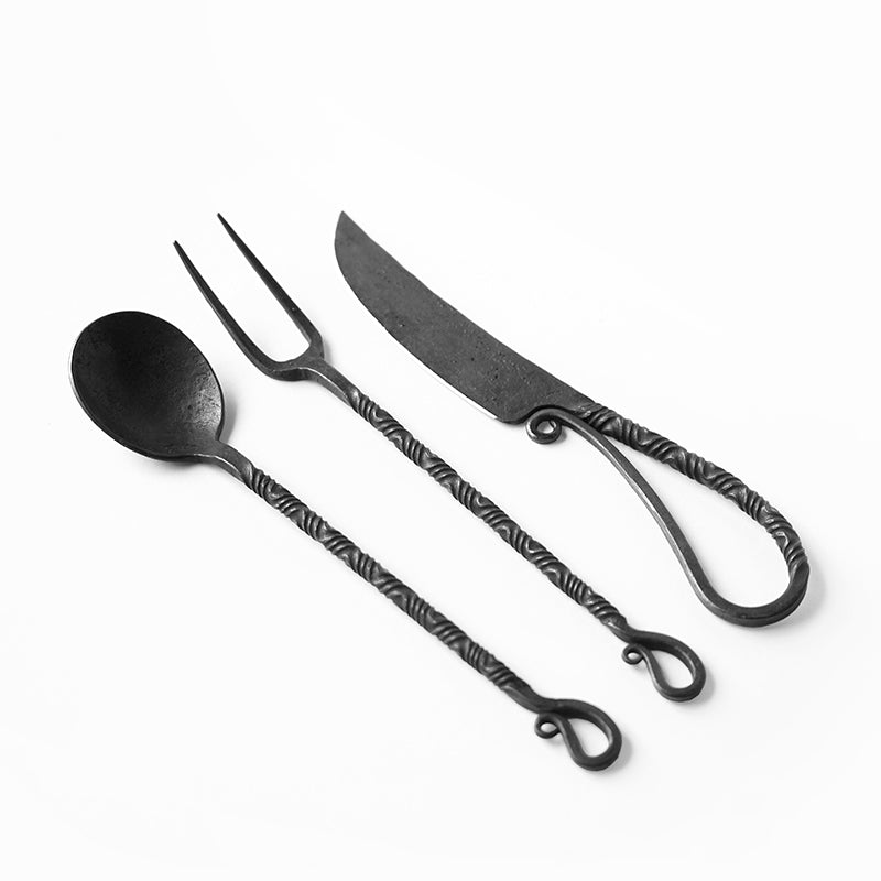 Hand Forged Medieval Cutlery Set - Iron Knife, Fork and Spoon