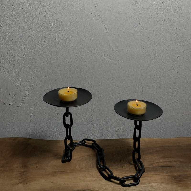 Hand Wrought Iron Chain Tabletop Candelabra - Two Arm