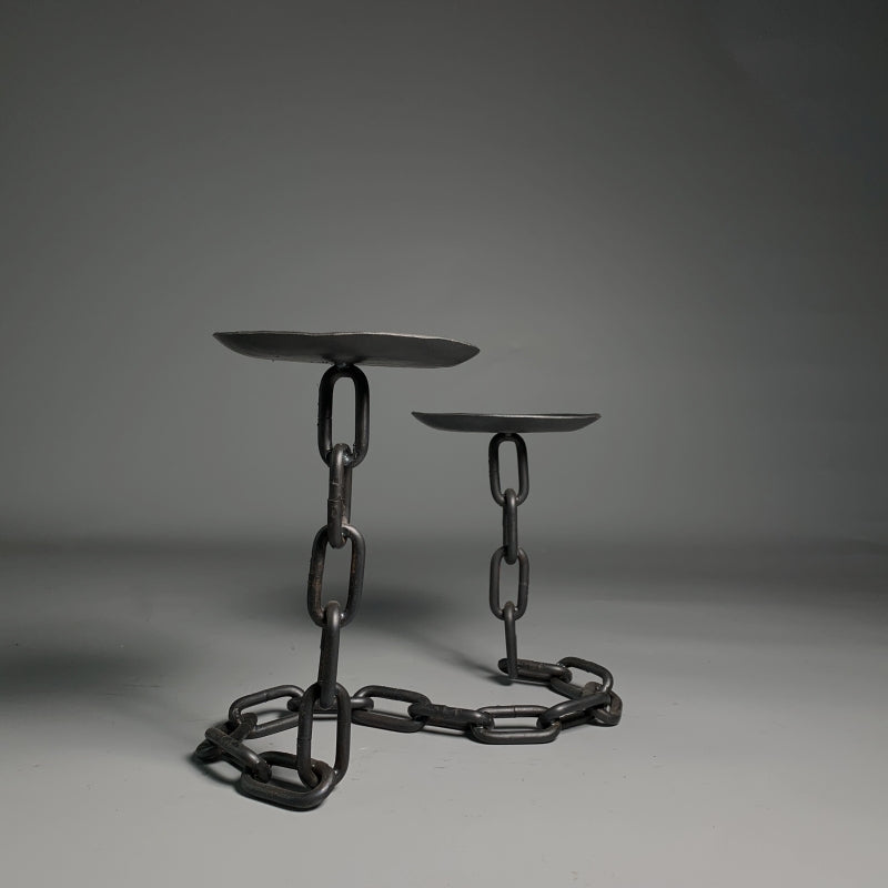 Hand Wrought Iron Chain Tabletop Candelabra - Two Arm
