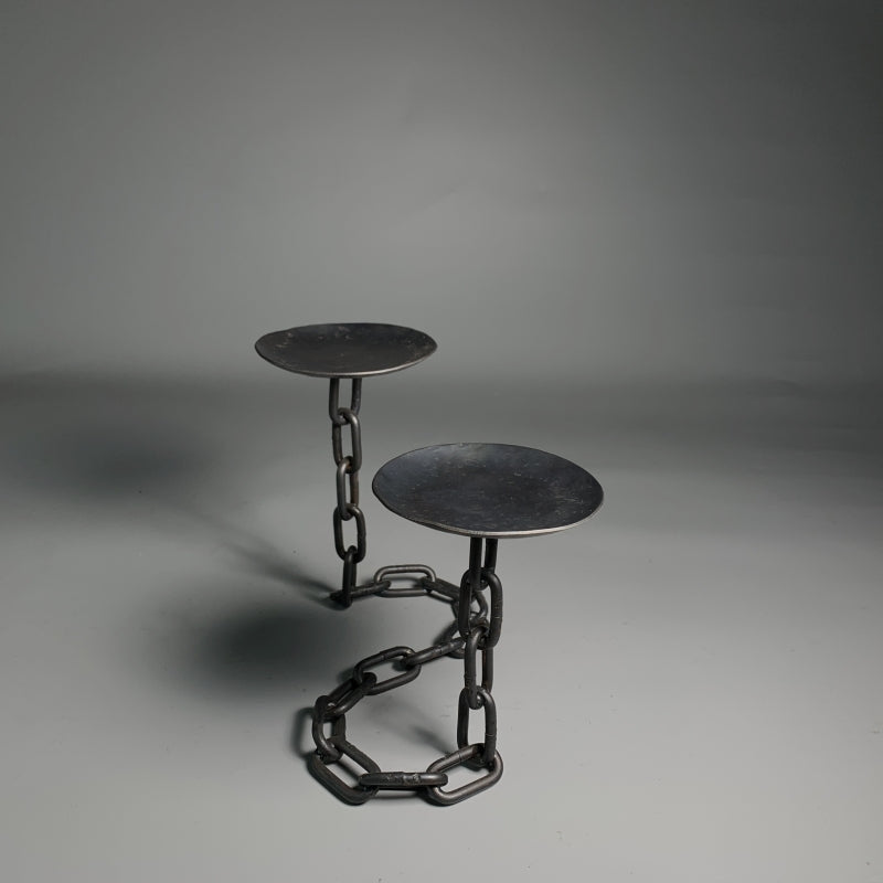 Hand Wrought Iron Chain Tabletop Candelabra - Two Arm