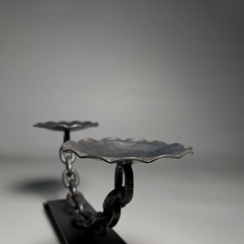 Vintage Forged Iron 2 Arm Tealight Chain Tabletop Candelabra