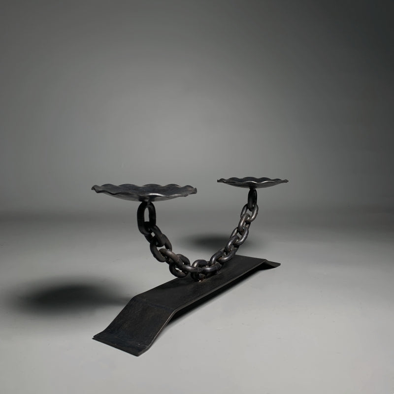 Vintage Forged Iron 2 Arm Tealight Chain Tabletop Candelabra