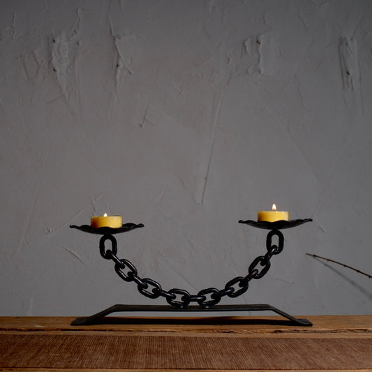 Vintage Forged Iron 2 Arm Tealight Chain Tabletop Candelabra